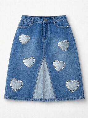 Blue Denim Heart-Appliqué Skirt